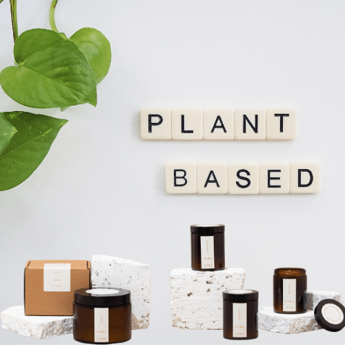 Vegan, cruelty free candles arranged around a white background with scrabble tiles spelling the words plant based. Ivy plant to the side
