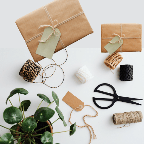 Vegan Gift Guide: Summer 2020 Edition - while background with gift wrapping, string, scissors and a little money plant